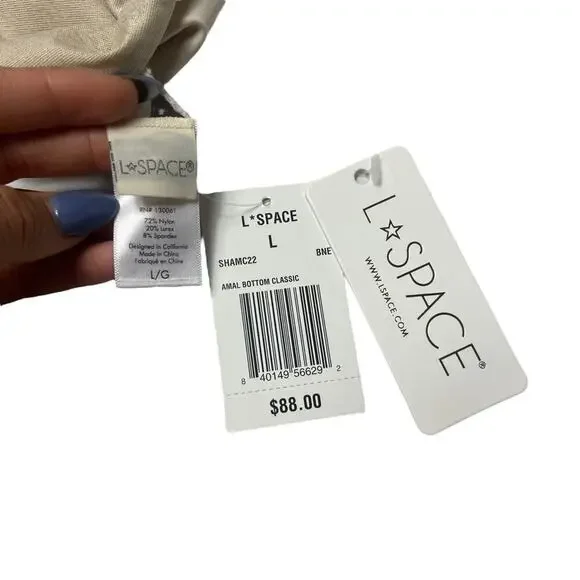 L*SPACE Shimmer Amal Bottom Classic Bone White Ruched Side Tie Stretch Large NEW - Picture 8 of 10